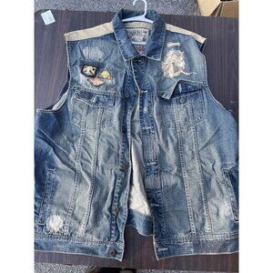 Y2K Parish Nation Denim Trucker Vest Embroidered Patchwork Grunge Punk Bike